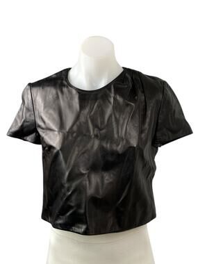 Burberry Women's Black Faux Leather Crew Neck Short Sleeve Crop T-shirt Top Sz 4